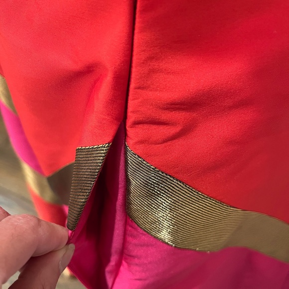 Custom made designer lengha. Gorgeous chevron print red, pink & gold outfit. - Picture 4 of 7